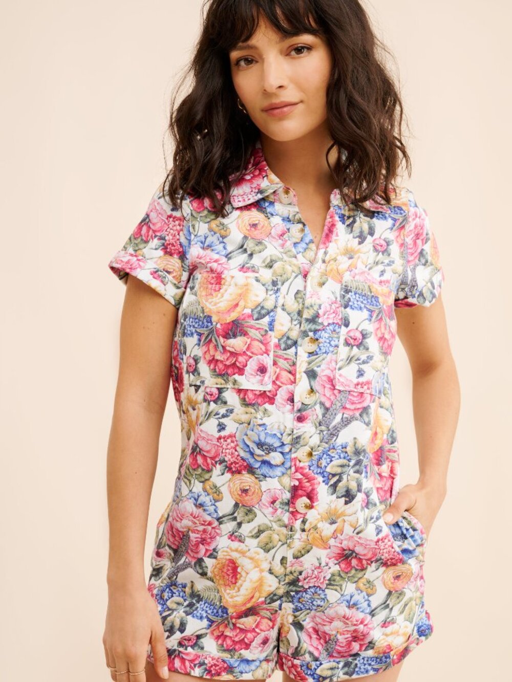 Show Me Your Mumu Floral Button Front Romper Size Small Utility Pocket - Picture 6 of 6